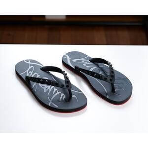 Christian Louboutin Black Loubi Spike Studded Rubber Flip Flop Slides (Size 42)